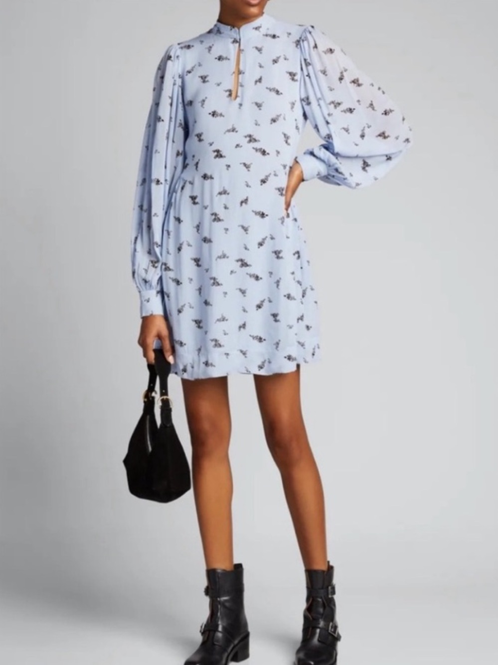GANNI Brunnera Blue Printed Georgette Mini Dress Floral Size 36 US 4
